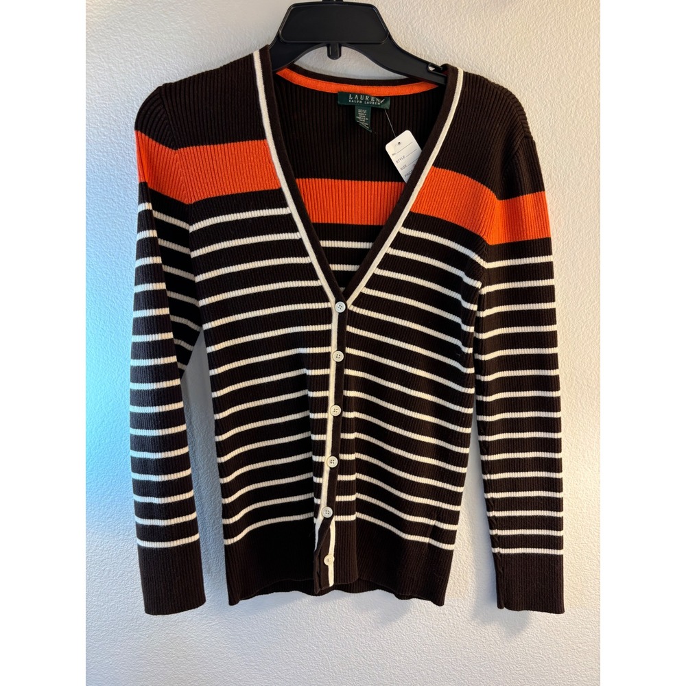 Lauren Ralph Lauren Brown Striped Ribbed V-Neck Cardigan Sweater Orange White M